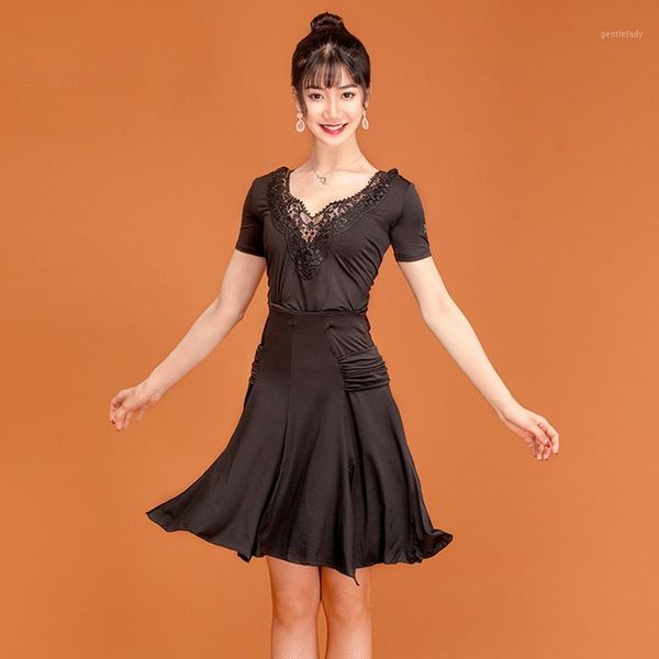 

stage wear female latin dance costume lace v-neck backless black practice clothes ballroom competition dresses rumba dancewear vo2481, Black;red