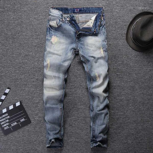 

italian style fashion men jeans light blue slim fit ripped jeans men vintage denim pants streetwear hip hop homme1