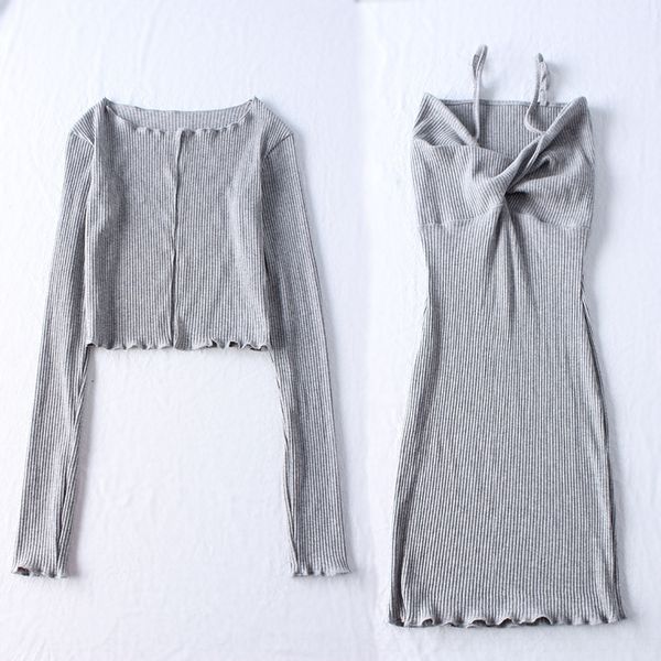 

6r3wl 2020 suspender autumn clothing online popular sleeve thin long skirt suspender skirtsling sling skirt fashionable cardigan suit women, Gray