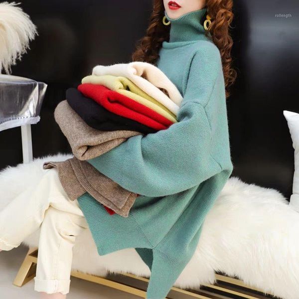 

woman sweaters 2020 fall mid-length turtleneck sweater women loose winter knitwear femme chandails pull hiver1, White;black