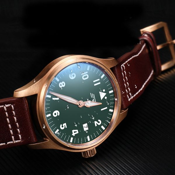 

new stainless steel pilot men's automatic mechanical luminous waterproof leather strap sapphire crystal male wrist watch, Slivery;brown