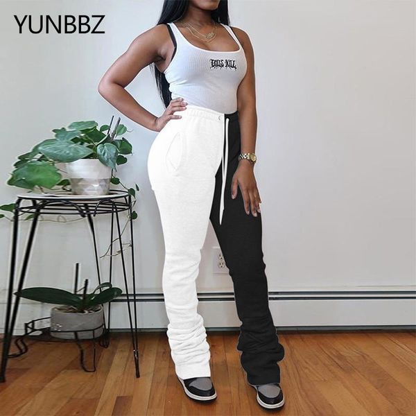 

yunbbz casual patchwork stacked sweatpants women fall winter clothing fashion streetwear high waist club pants sporty leggings, Black;white