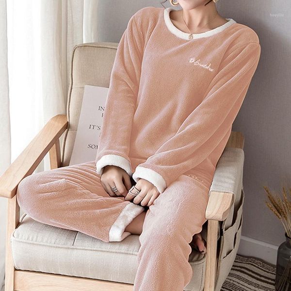 

gym clothing women cute coral homewear set long sleeve shirt &pant sleep winter flannel sleepwear girl 2pcs pijamas suit nightgown1, White;black