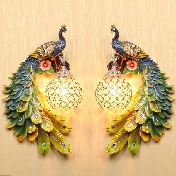

european art colorful peacock wall lamp crystal lamp shade garden bedroom corridor living room tv background wall resin light1