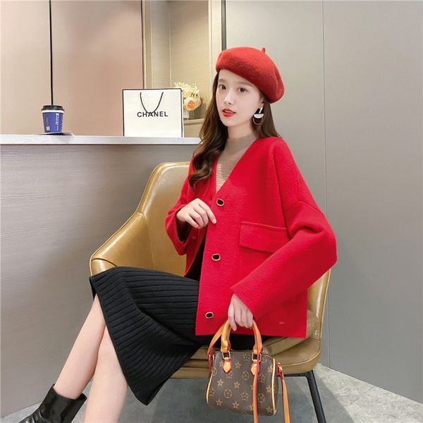 

0z2hz short clothing woolen coat 2020 new women's imitation redstyle winter coat woolwool wool korean loose net with autumn knitted car, White;black