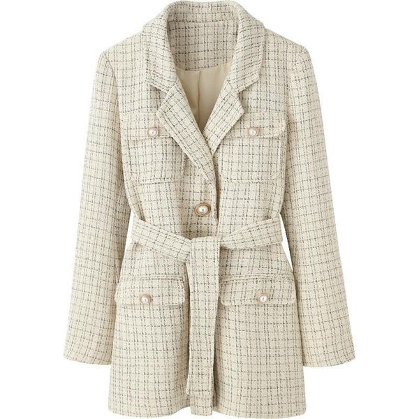 

2020 new autumn fashion women blazer coat woolen thick lacing full sleeve notched casual slim wild plaid jackets c462, White;black