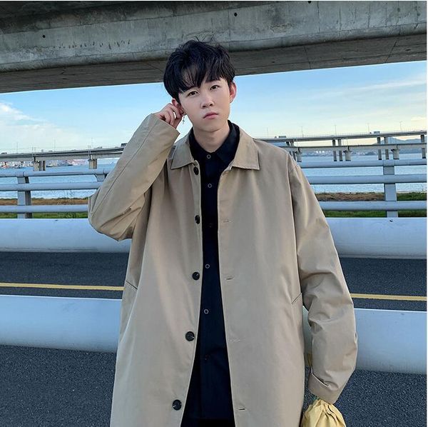 

men's trench coats spring and autumn tide brand mid-length windbreaker male korean version of the trend loose youth all-match casual ja, Tan;black