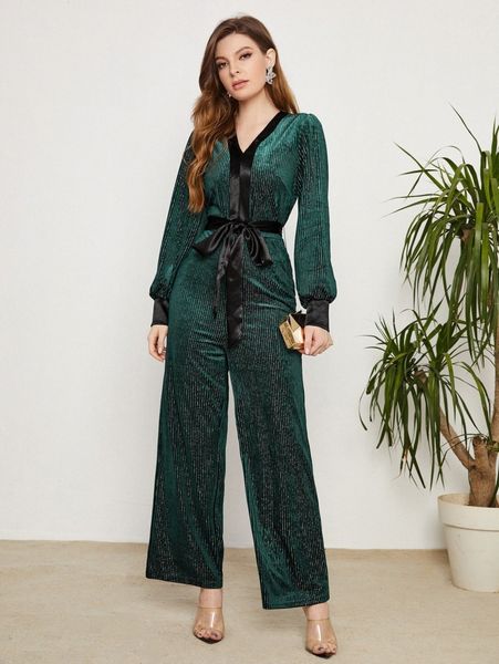 

puff sleeve contrast trim belted velvet jumpsuit s7ud#, White