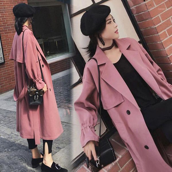 

2020 women's double-breasted cotton trench coat classical lapel collar loose long windbreaker female spring chic outerwear t1601, Tan;black