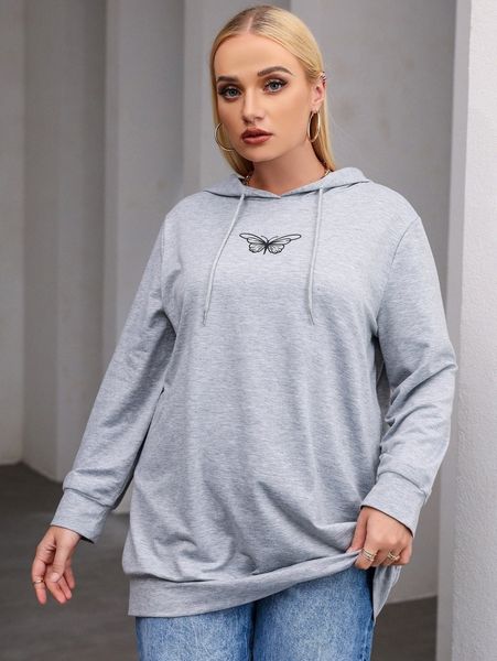 

plus butterfly print drawstring hoodie g8zt#, Black