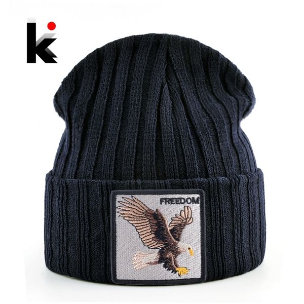 

knitted skullies beanies men hip hop solid hat with embroidery eagle patch double layer knit bonnet women streetwear kpop gorras y201024, Blue;gray