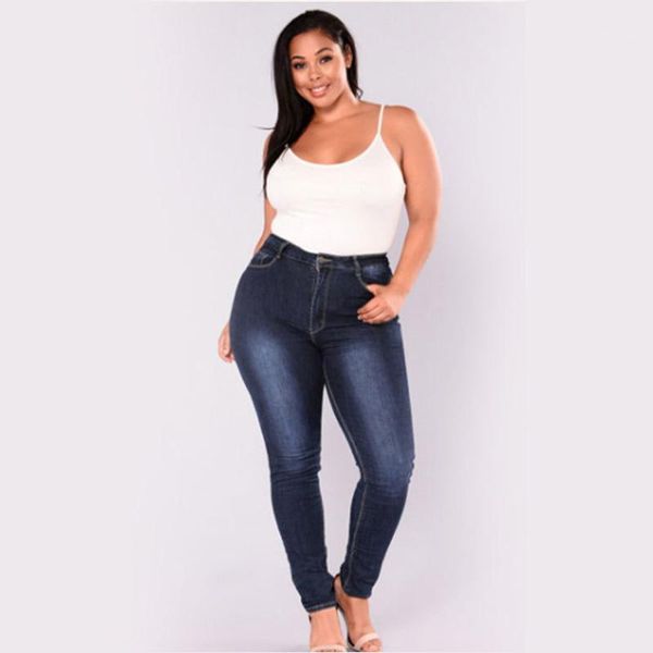 

classic basic plus size high elastic washed jeans slim fitting skinny denim pants for women large size 2xl-7xl1, Blue