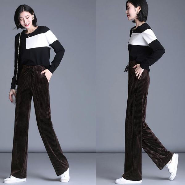 

women's trousers with wide leg and golden velvet pants, Black;white