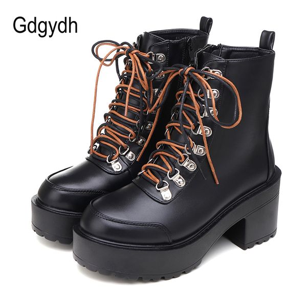 

gdgydh new fashion european style ankle boots block heel round toe black lace-up woman platform shoes motorcycle boot fall