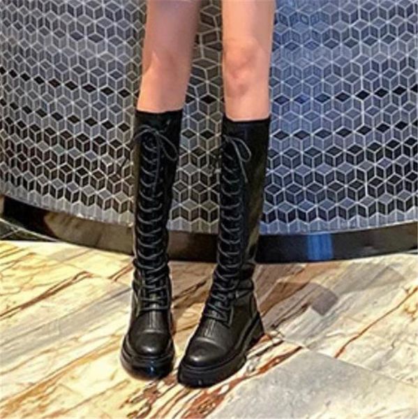 

fashion women's high boots lace up soft leather knee high boots women black casual autumn winter long shoes ladies