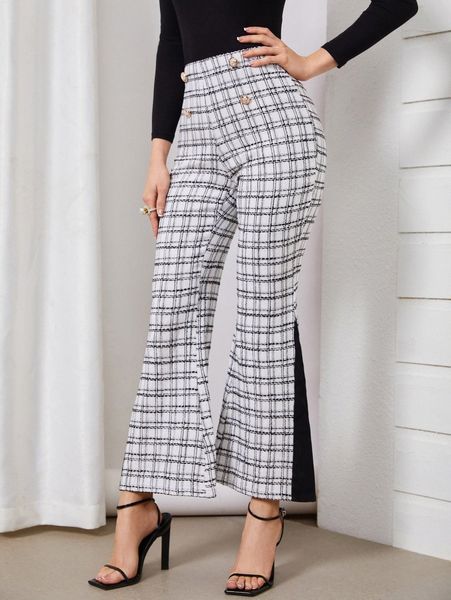 

plaid tweed flare leg pants o8ip#, Black;white