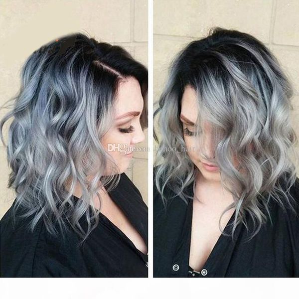 

боб парик ombre два полных шнурка человеческих волос парики тональный t1b серый тела волнистые бразильский девы волос 130 150 плотность отбе, Black;brown