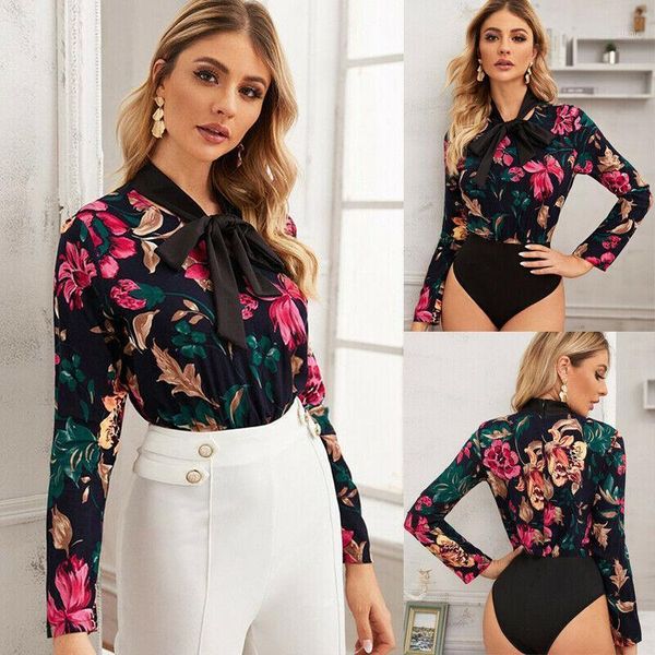 

women`s casual floral bow knot long sleeve slim fit o-neck leotard playsuits jumpsuit romper blouse1, Black;white
