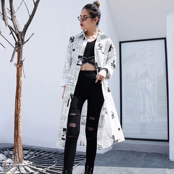 

eam] 2020new spring autumn lapel sleeve white printed loose irregular big size long shirt women blouse fashion tide jf008 q1219