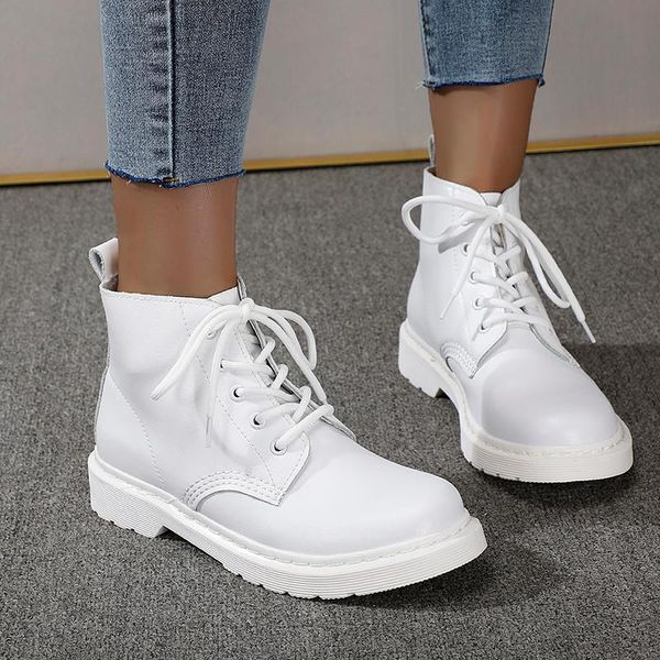 

2020 white ankle boots for women lace-up motorcycle boots fashion autumn winter women shoes punk motorcycle botas mujer, Black