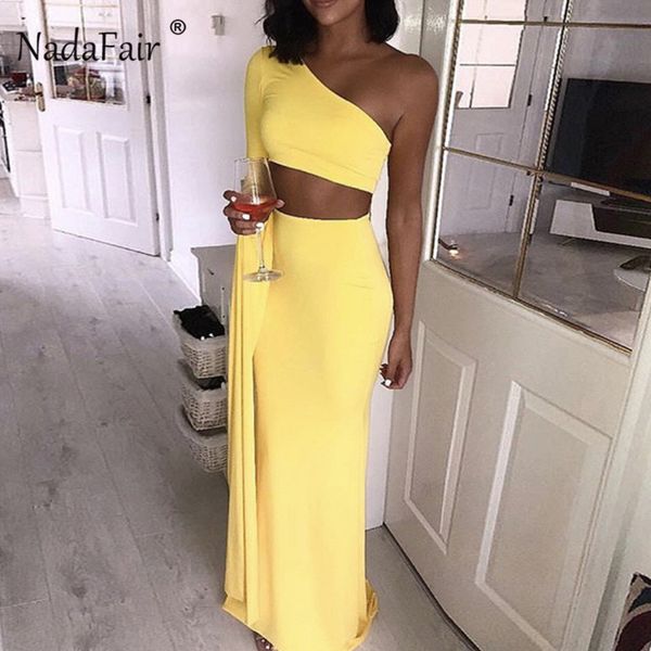 

nadafair hollow out club party dresses women long sleeve bodycon maxi dresses elegant wrap one shoulder longue robe femme y200418, Black;gray