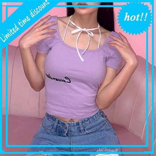 

women's dress 2021 style ins net red same solid color letter embroidered slim and navel revealing versatile t-shirt, White
