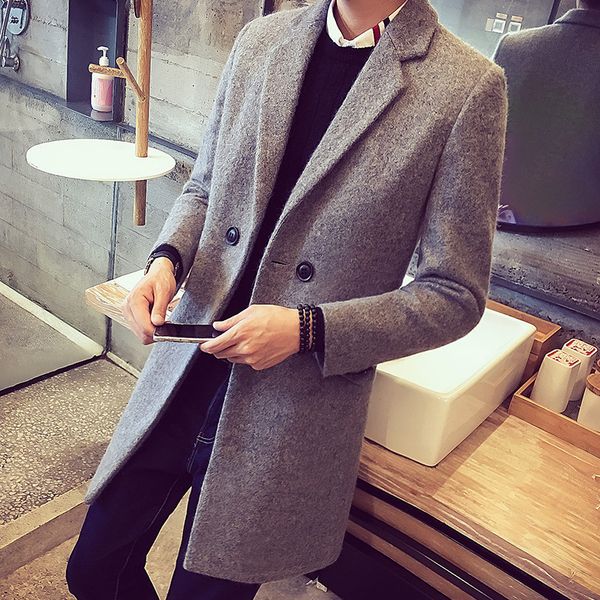 

windbreaker youth solid color leisure medium long men's woolen overcoat, Tan;black