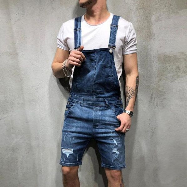 

men's jeans men casual summer denim overalls short knee length ripped loose fashion shorts jumpsuit, Blue