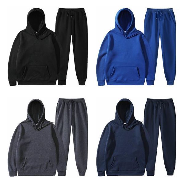 

men autumn 2 piece workout outfits set drawstring hoodies joggers sweatpants solid color loose fitness sport suits gym tracksuit1, Gray