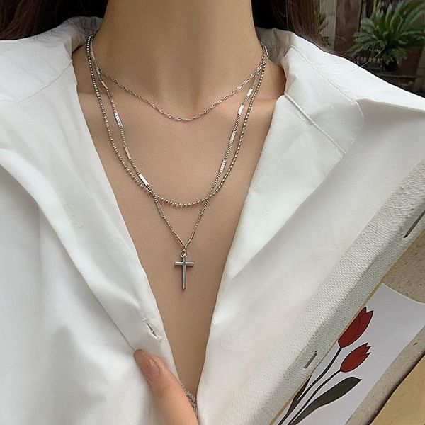 

stainless steel necklace for women titanium steel cross three layer simple necklace jewelry accessories wholesale, Silver