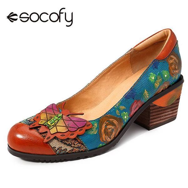 

socofy vintage basic pumps hand painted flowers pattern splicing butterfly genuine leather slip on pumps high heels ladies shoes t200525, Black