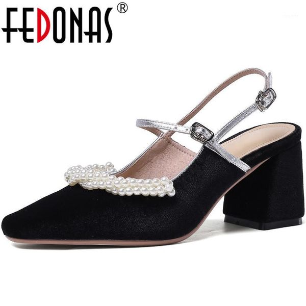 

fedonas elegant 2020 paerl decoration women pumps basic suede leather pumps square toe shoes new thick heeled sweet shoes woman1, Black