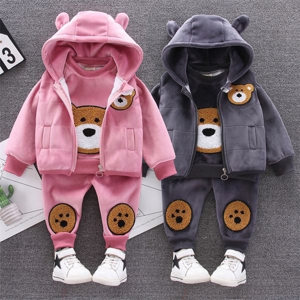 

baby clothes winter thick warm suit cartoon bear hooded sweater baby boy baby girl fleece children gold velvet three-piece suit lj201023, White