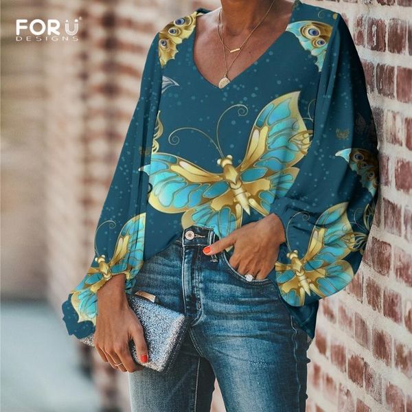 

forudesigns women's v neck lantern long sleeve blouses beautiful butterflies print loose pullovers chiffon soft party shirt1, White