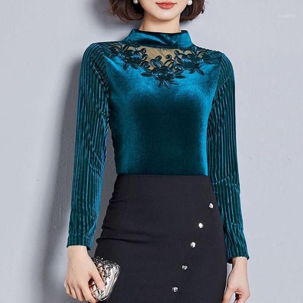 

2021 new women autumn gold velvet long sleeve mesh patchwork blouse female korean warm plus velvet half turtleneck shirts z341, White