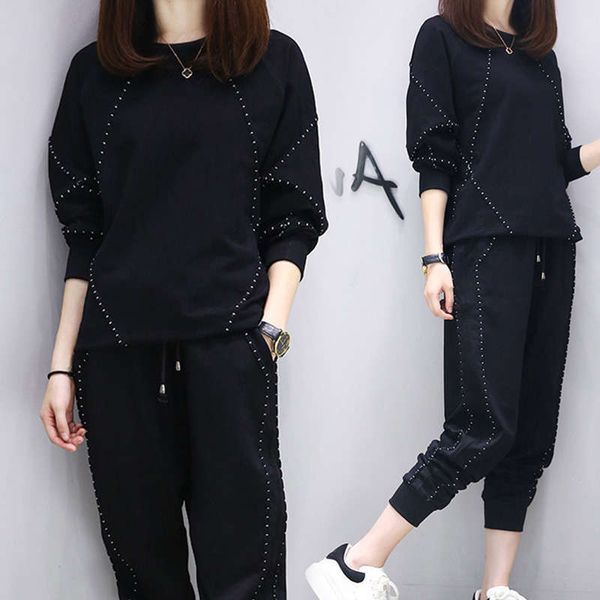 

big size women's autumn clothes, suits, age, skinny. in 2020, new salt and sweet fried street two pieces, Black