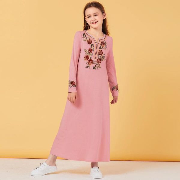 

sweat muslim girls dress floral pockets pink moroccan dresses children kids kimono islamic clothing dubai a-line vestido kaftan, Red