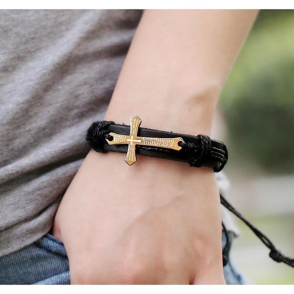 

vintage leather bracelets bangles metal cross jesus charm bracelet adjustable wax cord bracel sqchkb queen66, Black