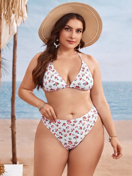 

plus ditsy floral halter triangle bikini swimsuit w5ie#, Black