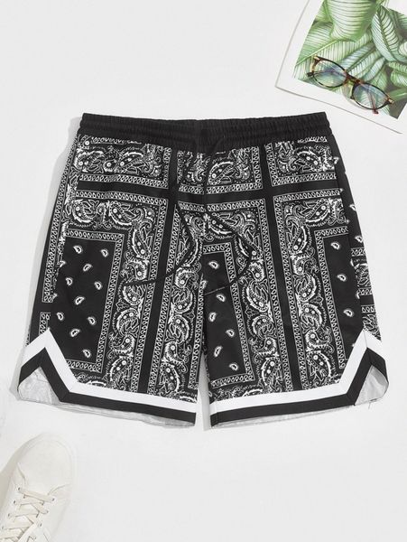 

men paisley print drawstring waist track shorts e7ti#, Black