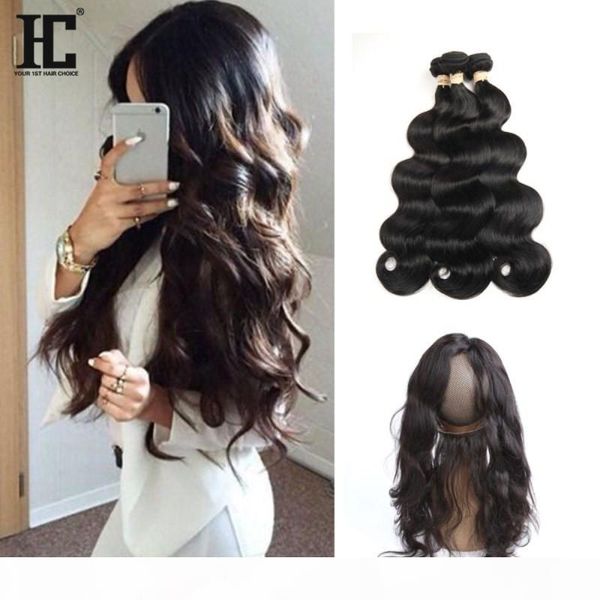 

360 lace frontal with bundle with baby hair peruvian virgin hair body wave 360 closure and bundles pre plucked 360 frontal band, Black