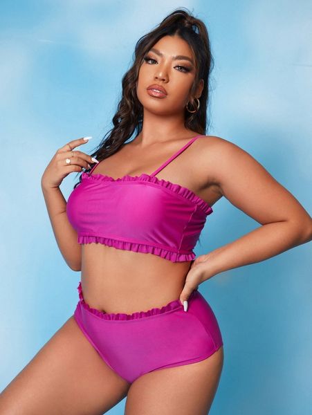 

plus frill trim high waisted bikini swimsuit 88mh#, Black
