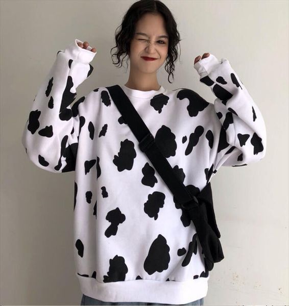 

autumn winter womens harajuku cute cow print loose o neck pullover plus velvet loose keep warm sweatshirt, Black
