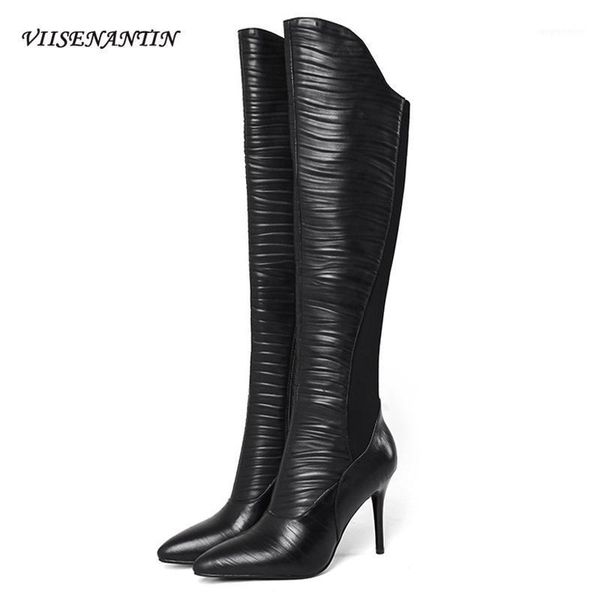 

autumn winter new black plus size pleated decor boots women europe america stiletto high boots stretch knee length1