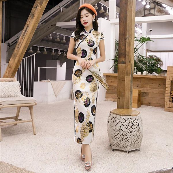 

spring young lady full length qipao vestidos print floral oriental cheongsam dress mandarin collar slim evening party gown1, Red