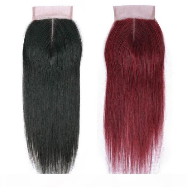 

brazilian malaysian peruvian straight human hair weave 4x4 closures only natural black #99j color lace frontal closure 40g piece 10-18 inch, Black;brown