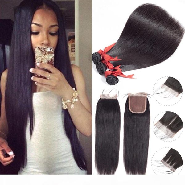 

peruvian virgin hair straight 3 bundles with closure straight human hair with closure 7a peruvian virgin hair with closure, Black;brown