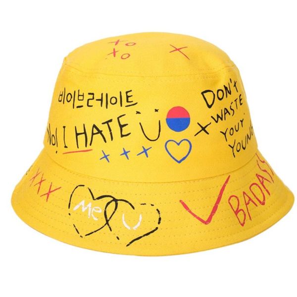 

wide brim hats men women summer harajuku cotton bucket hat letters heart graffiti printed hip hop skateboard sunscreen fisherman cap, Blue;gray