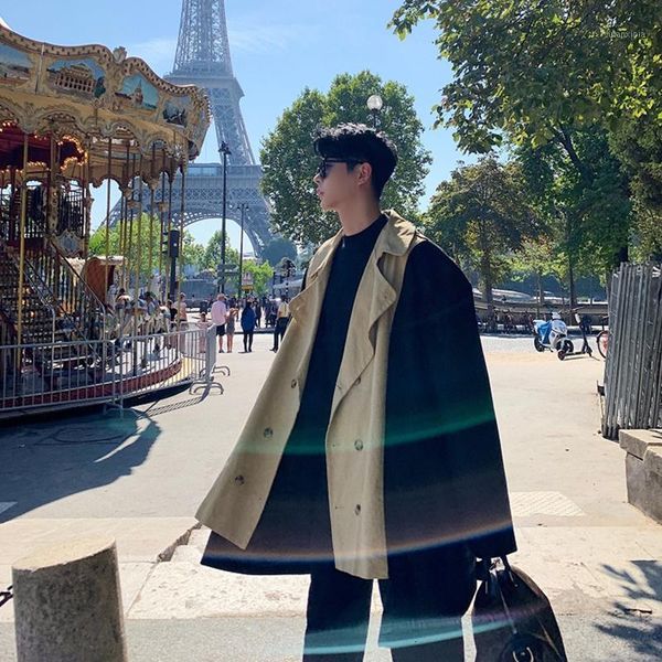 

nice autumn and winter lapel color matching woolen coat fashion casual waist double-breasted windbreaker jacket -xl1, Tan;black
