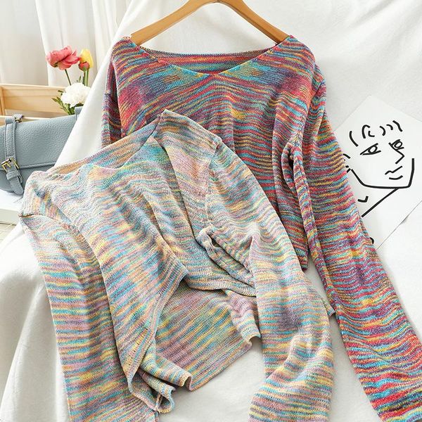 

ins fashion women ladies long sleeve v neck tie dye crop loose sweater rainbow color bf knitted pullover oversize shirts, White;black